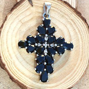 Black Spinel Cross Pendant .925 Silver Natural Gems Large Statement Piece